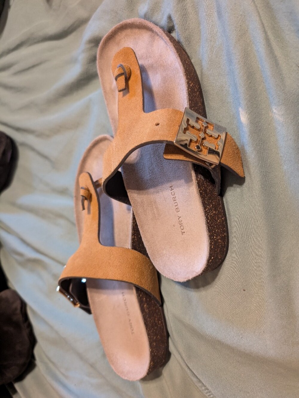 Tory Burch Tan Suede Toe-Post Slide Sandals with Buckle - Picture 3 of 4